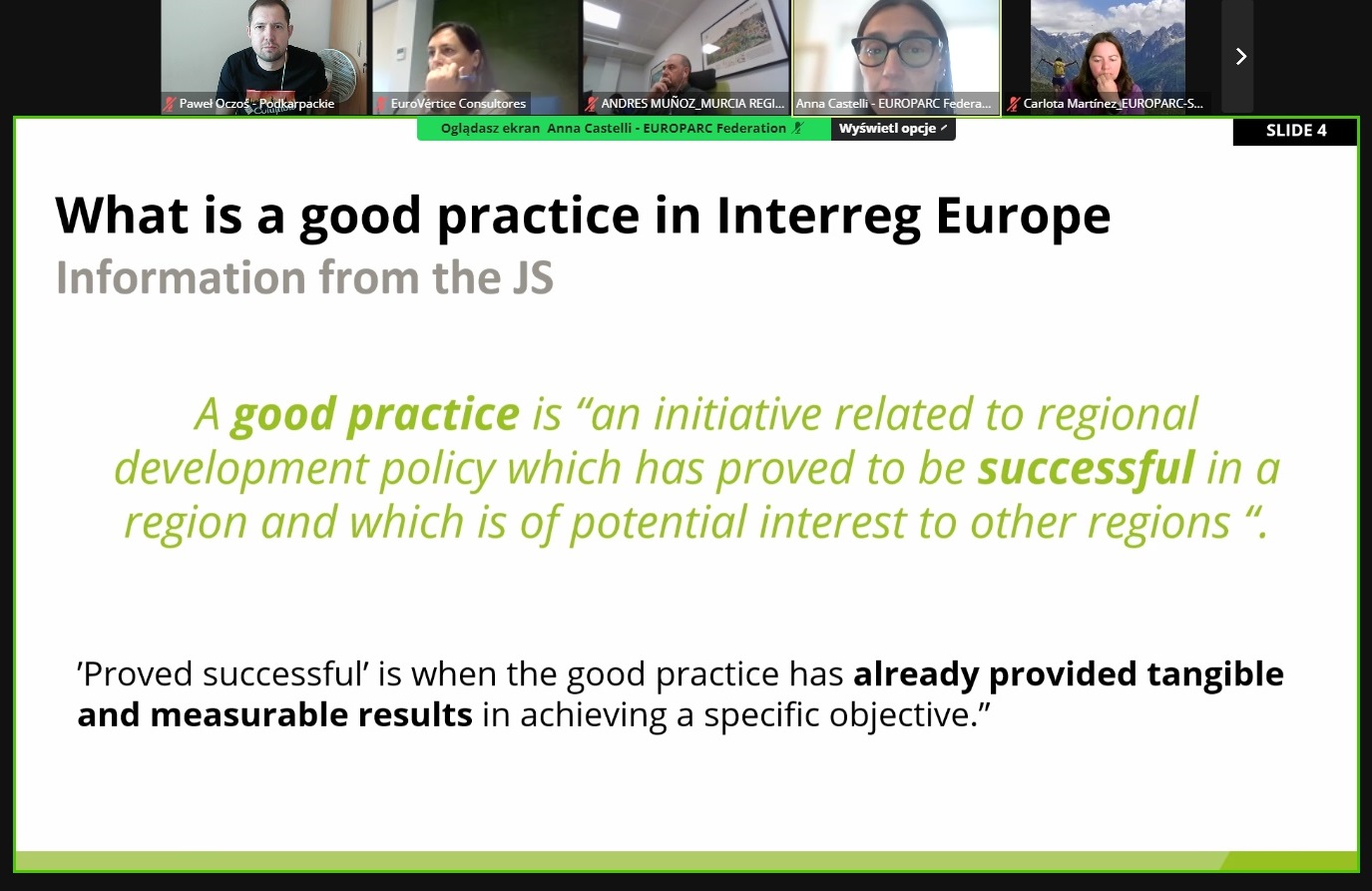 Spotkanie online partnerów projektu GREENHEALTH - slajd przedstawiający definicję dobrej praktyki (w języku angielskim)