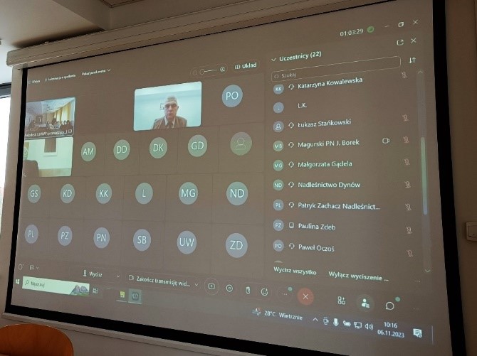 Spotkanie online wyświetlone z rzutnika na dużym ekranie