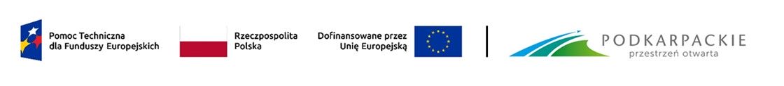 Nagłówek zawierający cztery barwne logotypy, umieszone kolejno w jednej linii od lewej do prawej: programu Pomoc Techniczna dla Funduszy Europejskich, Rzeczpospolitej Polskiej, Unii Europejskiej i Województwa Podkarpackiego.