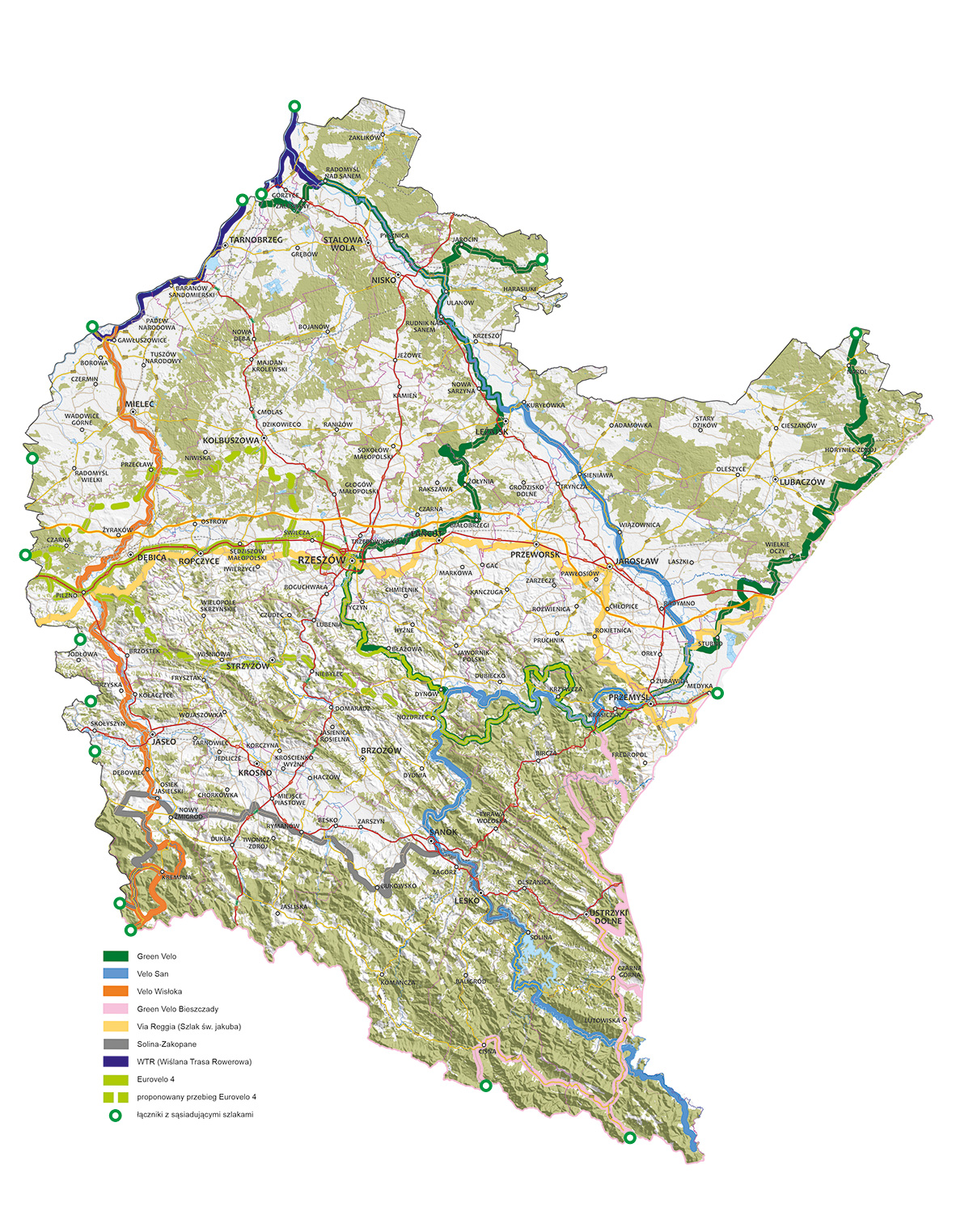 Mapa głównych korytarzy rowerowych na terenie województwa podkarpaciego